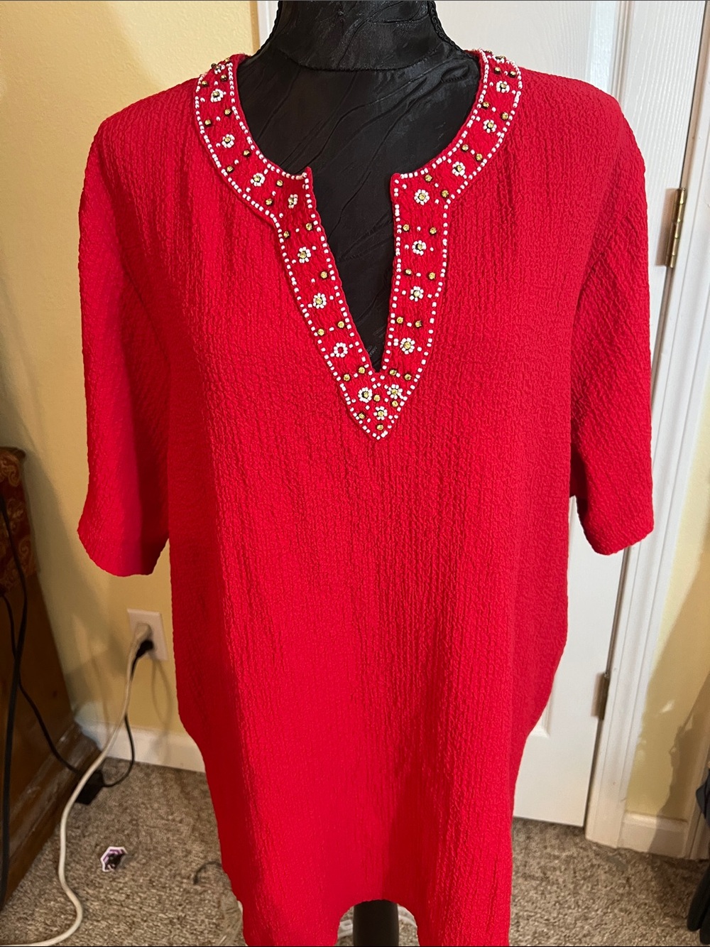 Cathy Daniels Red Beaded V-Neck Tunic